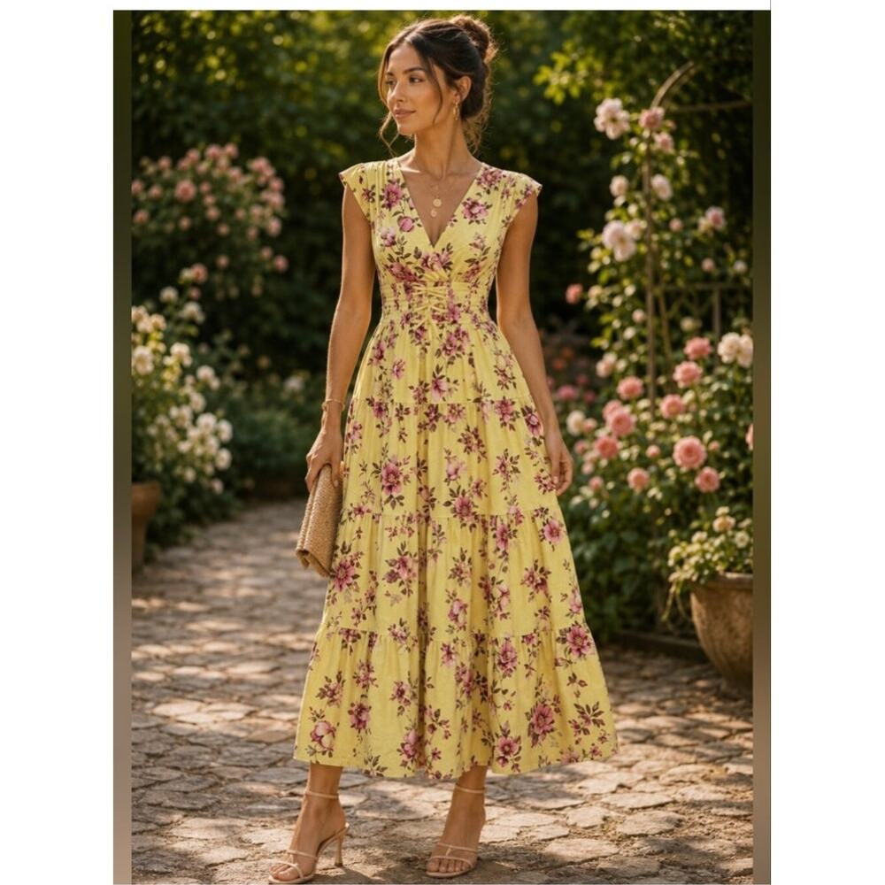 Meadow Rhodes Womens Large Tiered Sundress Midi Floral Garden Coquette Cottage